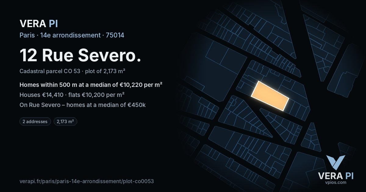 12 Rue Severo, 14e arrondissement at night – the plot lit, the parcels around coloured by the prices near them