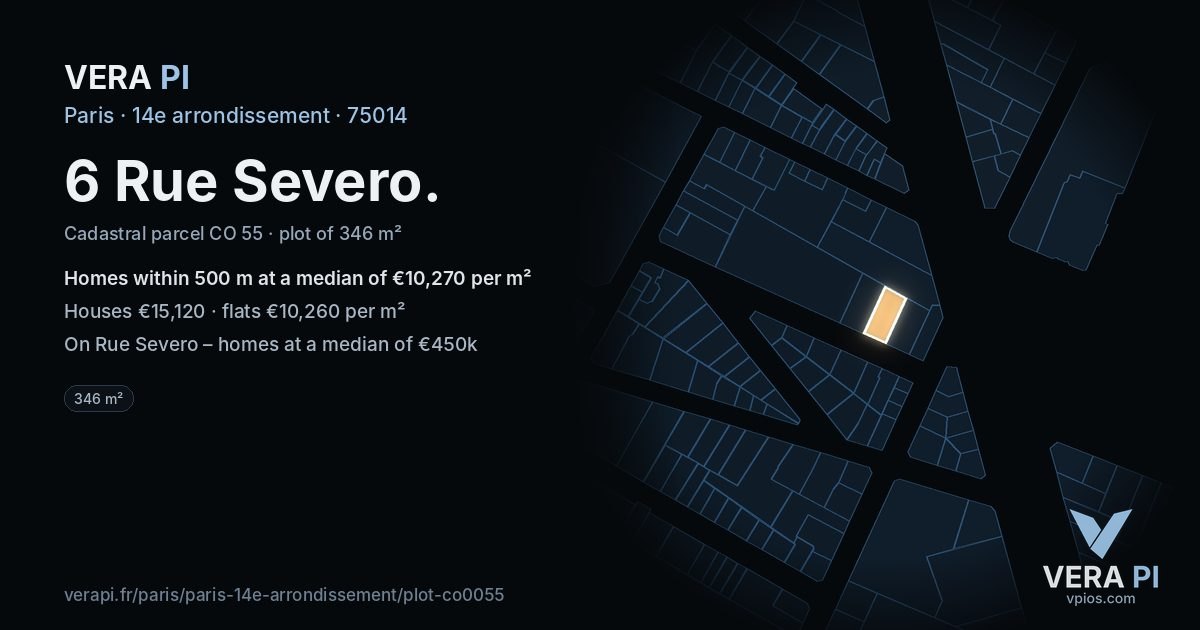 6 Rue Severo, 14e arrondissement at night – the plot lit, the parcels around coloured by the prices near them