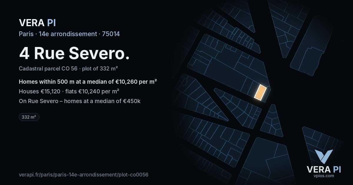 4 Rue Severo, 14e arrondissement at night – the plot lit, the parcels around coloured by the prices near them