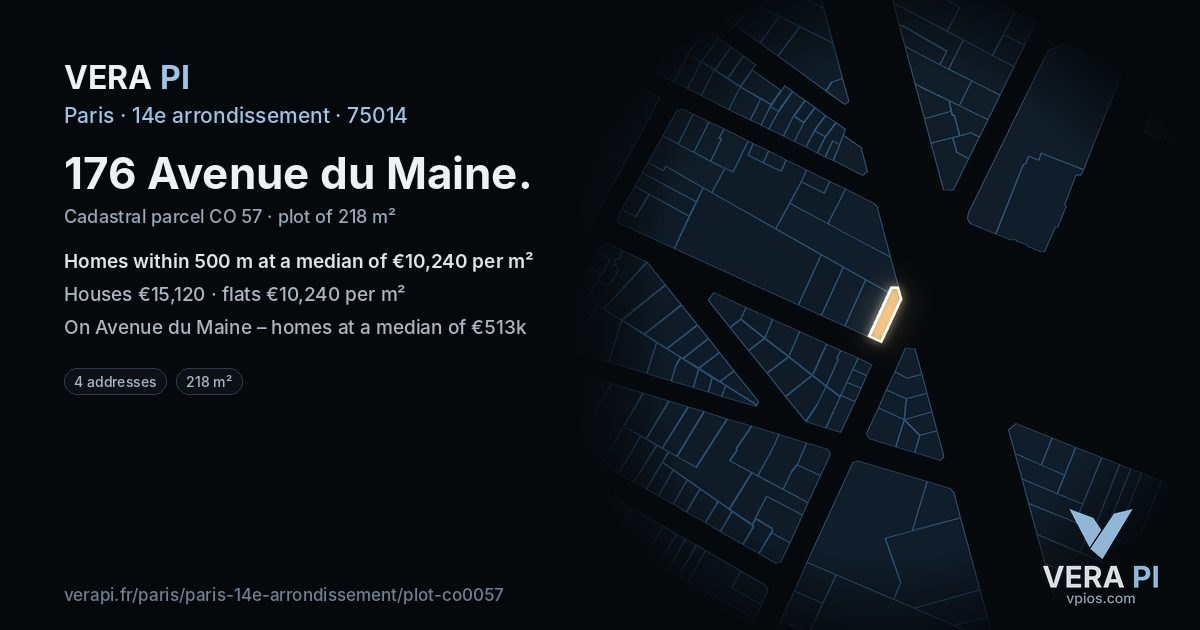 176 Avenue du Maine, 14e arrondissement at night – the plot lit, the parcels around coloured by the prices near them