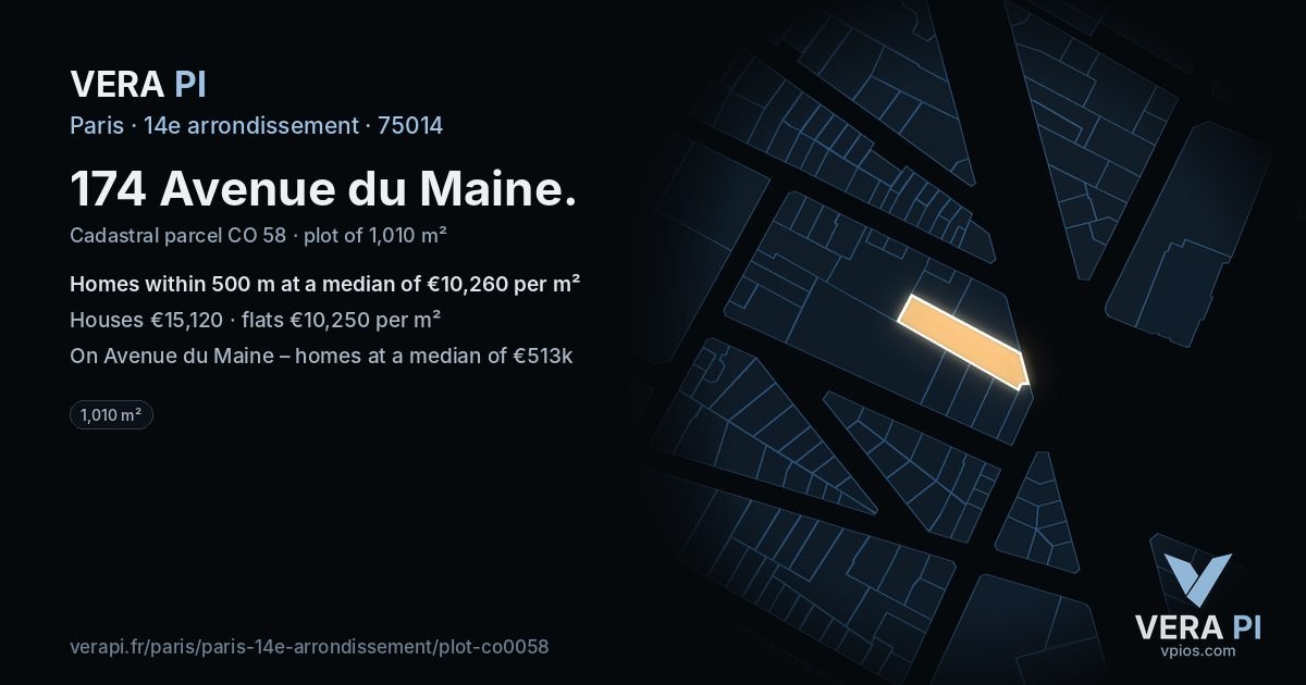 174 Avenue du Maine, 14e arrondissement at night – the plot lit, the parcels around coloured by the prices near them