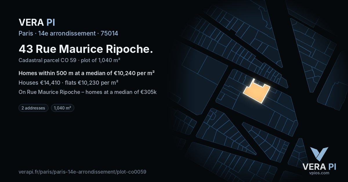 43 Rue Maurice Ripoche, 14e arrondissement at night – the plot lit, the parcels around coloured by the prices near them