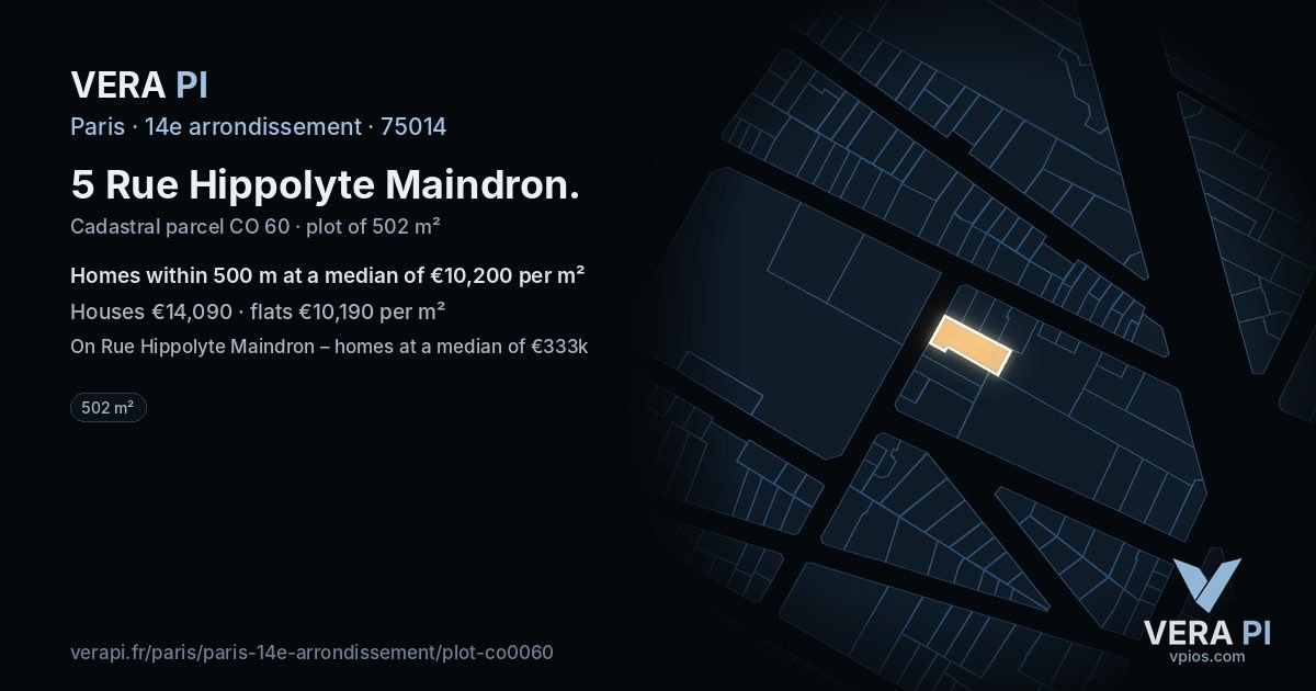 5 Rue Hippolyte Maindron, 14e arrondissement at night – the plot lit, the parcels around coloured by the prices near them