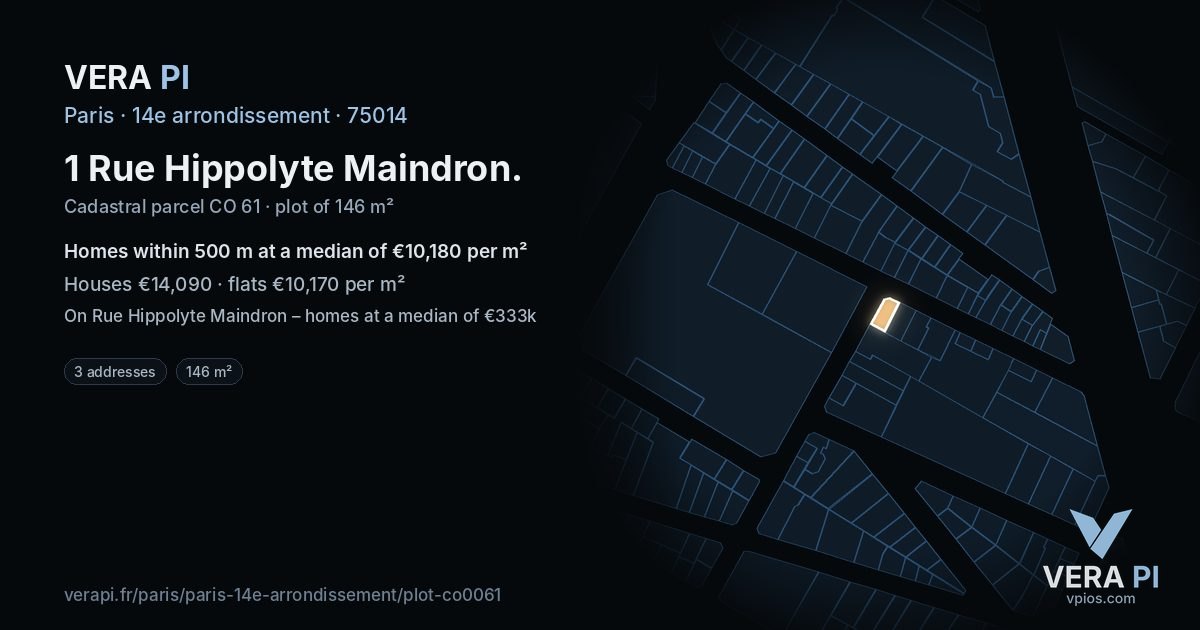 1 Rue Hippolyte Maindron, 14e arrondissement at night – the plot lit, the parcels around coloured by the prices near them