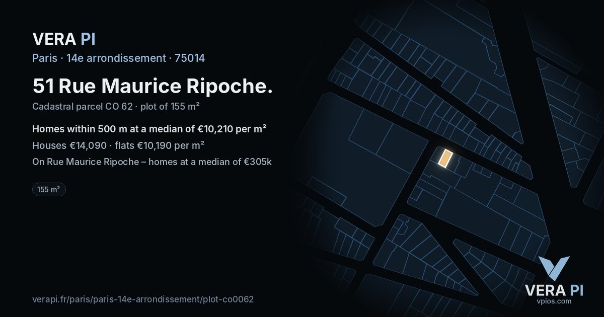51 Rue Maurice Ripoche, 14e arrondissement at night – the plot lit, the parcels around coloured by the prices near them