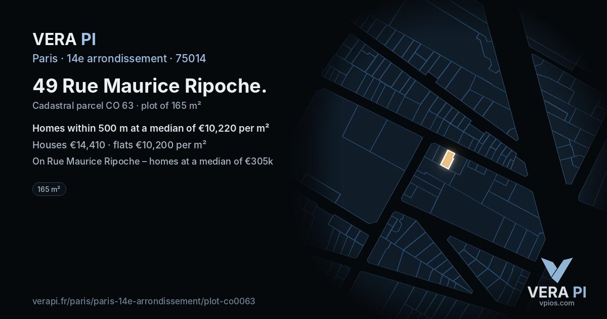 49 Rue Maurice Ripoche, 14e arrondissement at night – the plot lit, the parcels around coloured by the prices near them