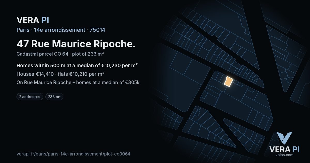 47 Rue Maurice Ripoche, 14e arrondissement at night – the plot lit, the parcels around coloured by the prices near them