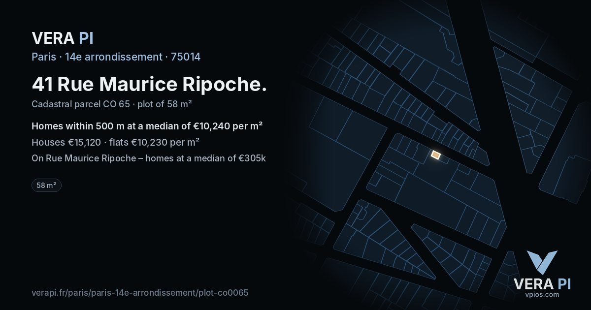 41 Rue Maurice Ripoche, 14e arrondissement at night – the plot lit, the parcels around coloured by the prices near them