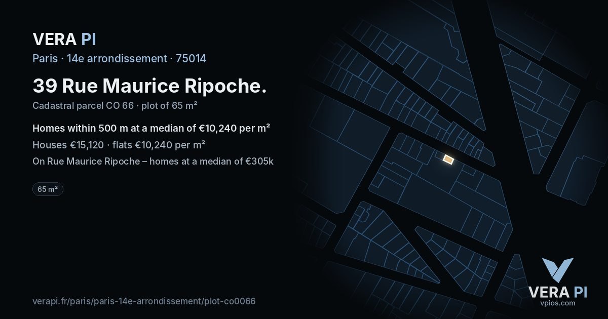 39 Rue Maurice Ripoche, 14e arrondissement at night – the plot lit, the parcels around coloured by the prices near them