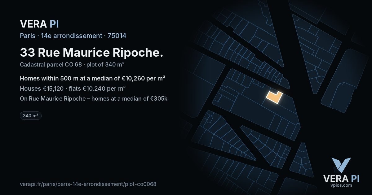 33 Rue Maurice Ripoche, 14e arrondissement at night – the plot lit, the parcels around coloured by the prices near them