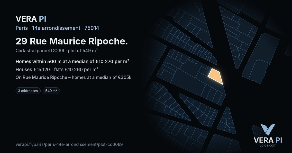 29 Rue Maurice Ripoche, 14e arrondissement at night – the plot lit, the parcels around coloured by the prices near them