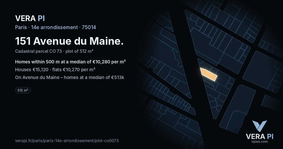 151 Avenue du Maine, 14e arrondissement at night – the plot lit, the parcels around coloured by the prices near them