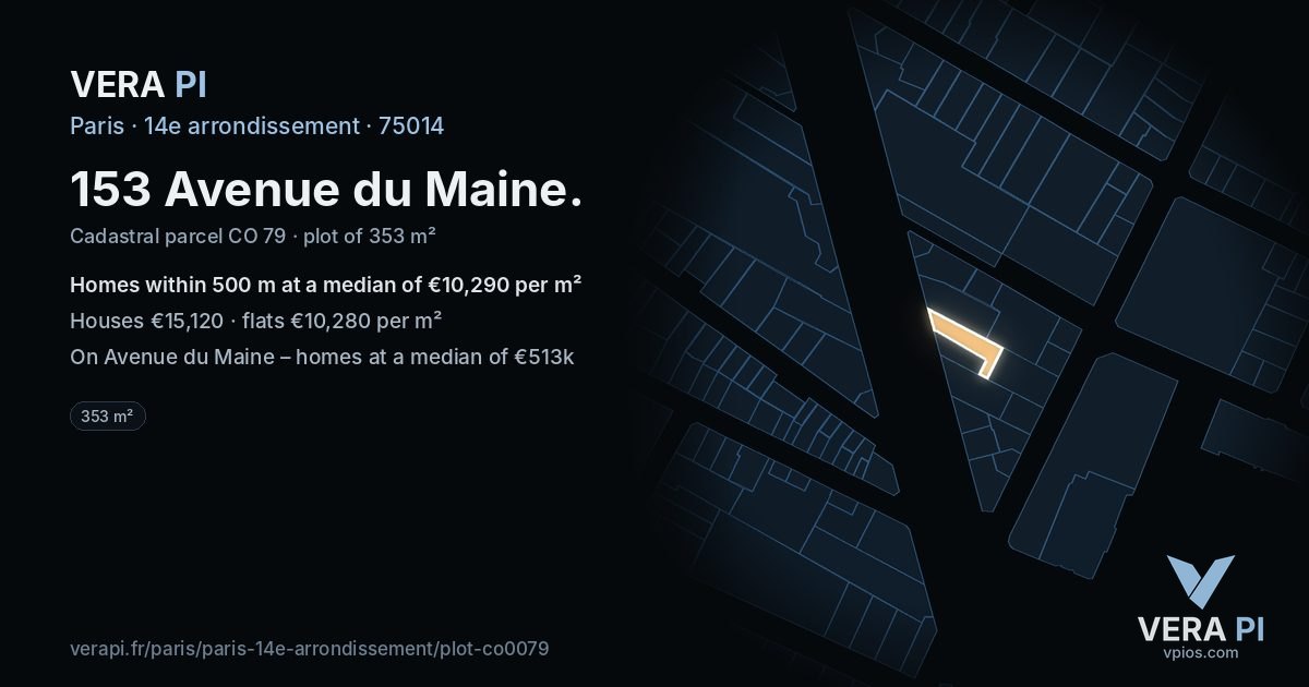 153 Avenue du Maine, 14e arrondissement at night – the plot lit, the parcels around coloured by the prices near them