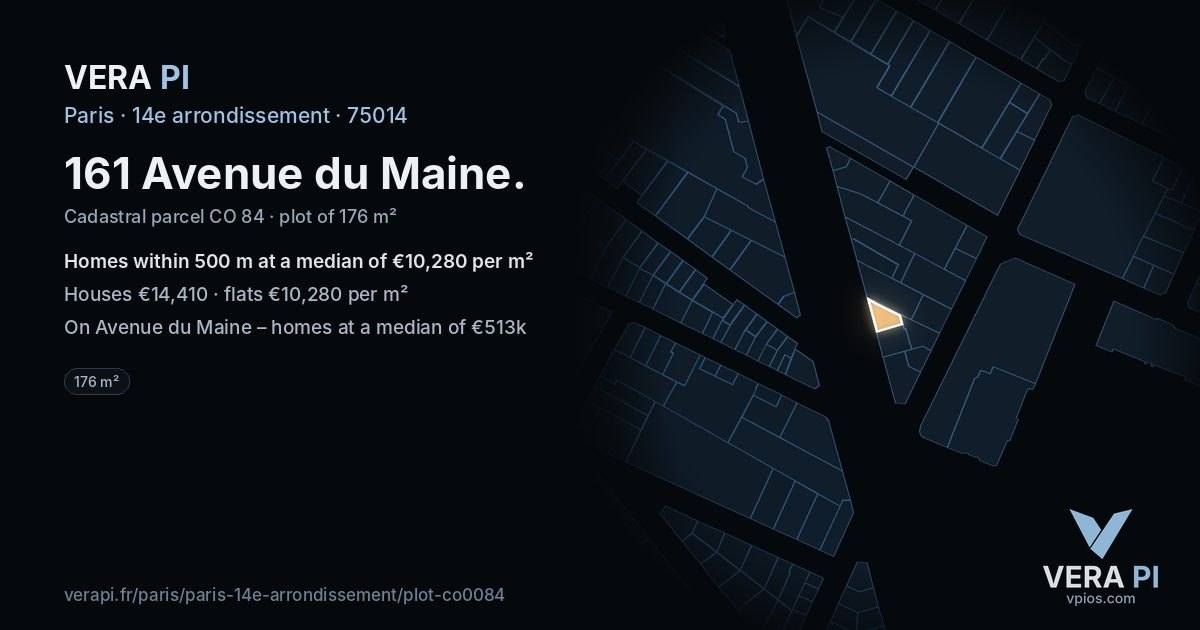 161 Avenue du Maine, 14e arrondissement at night – the plot lit, the parcels around coloured by the prices near them