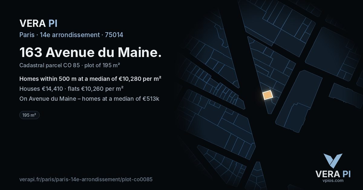 163 Avenue du Maine, 14e arrondissement at night – the plot lit, the parcels around coloured by the prices near them