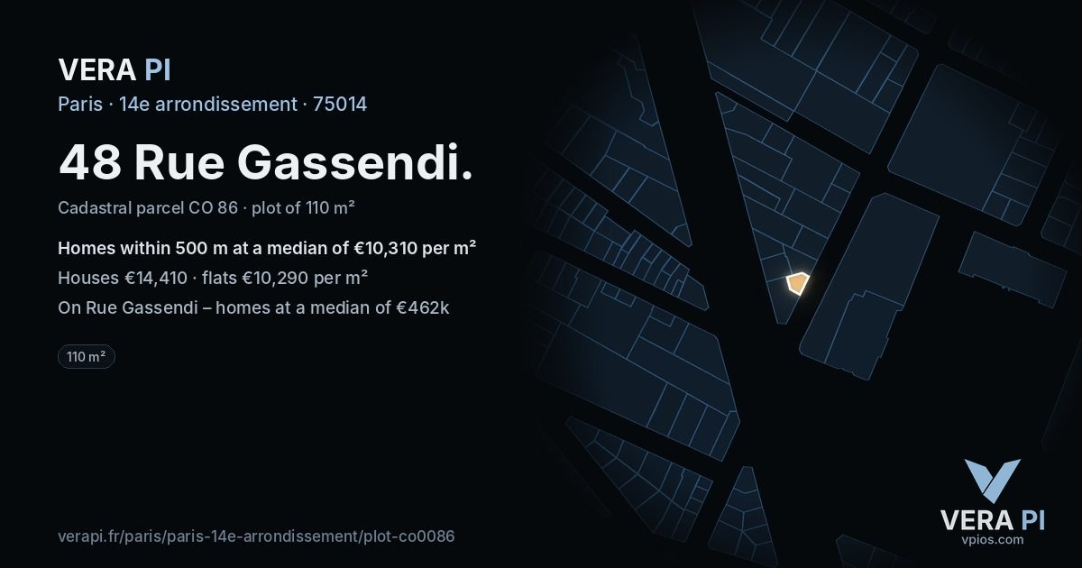 48 Rue Gassendi, 14e arrondissement at night – the plot lit, the parcels around coloured by the prices near them