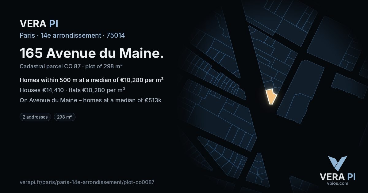 165 Avenue du Maine, 14e arrondissement at night – the plot lit, the parcels around coloured by the prices near them
