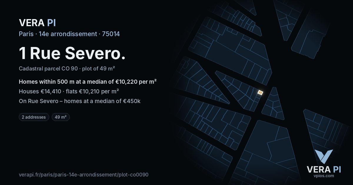 1 Rue Severo, 14e arrondissement at night – the plot lit, the parcels around coloured by the prices near them