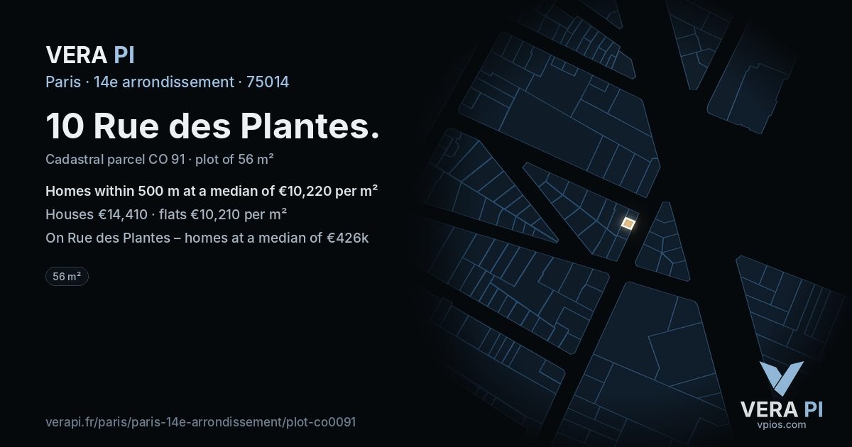 10 Rue des Plantes, 14e arrondissement at night – the plot lit, the parcels around coloured by the prices near them