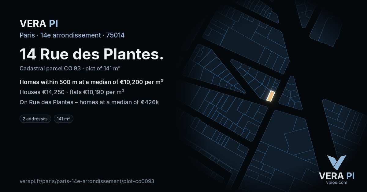 14 Rue des Plantes, 14e arrondissement at night – the plot lit, the parcels around coloured by the prices near them