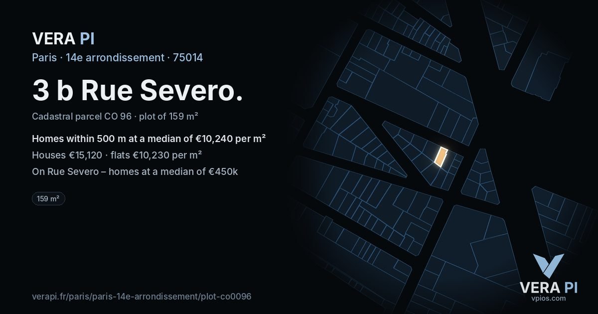 3 b Rue Severo, 14e arrondissement at night – the plot lit, the parcels around coloured by the prices near them