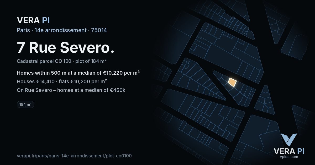 7 Rue Severo, 14e arrondissement at night – the plot lit, the parcels around coloured by the prices near them