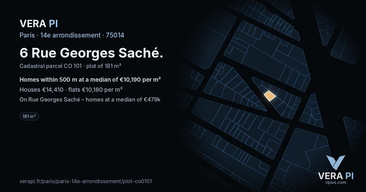 6 Rue Georges Saché, 14e arrondissement at night – the plot lit, the parcels around coloured by the prices near them