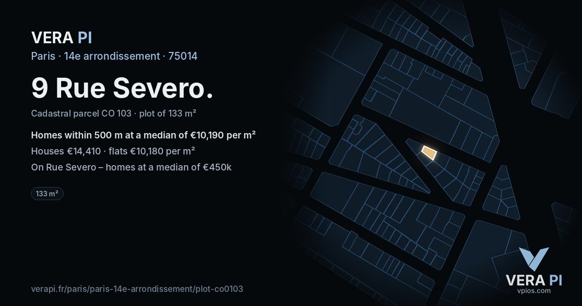 9 Rue Severo, 14e arrondissement at night – the plot lit, the parcels around coloured by the prices near them