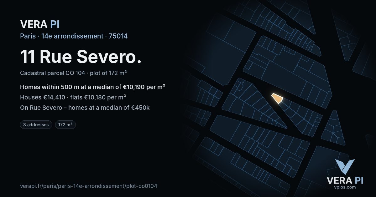 11 Rue Severo, 14e arrondissement at night – the plot lit, the parcels around coloured by the prices near them