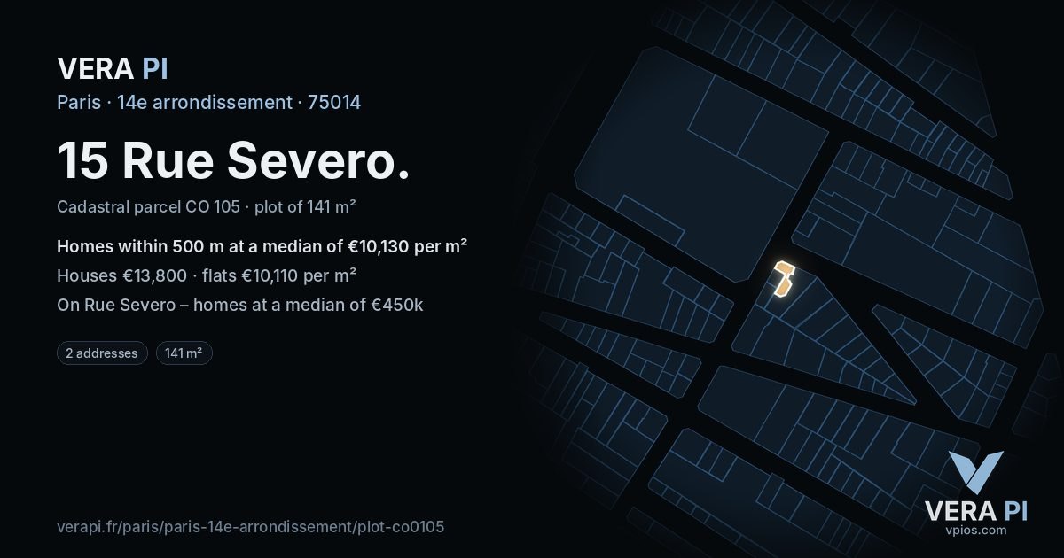 15 Rue Severo, 14e arrondissement at night – the plot lit, the parcels around coloured by the prices near them