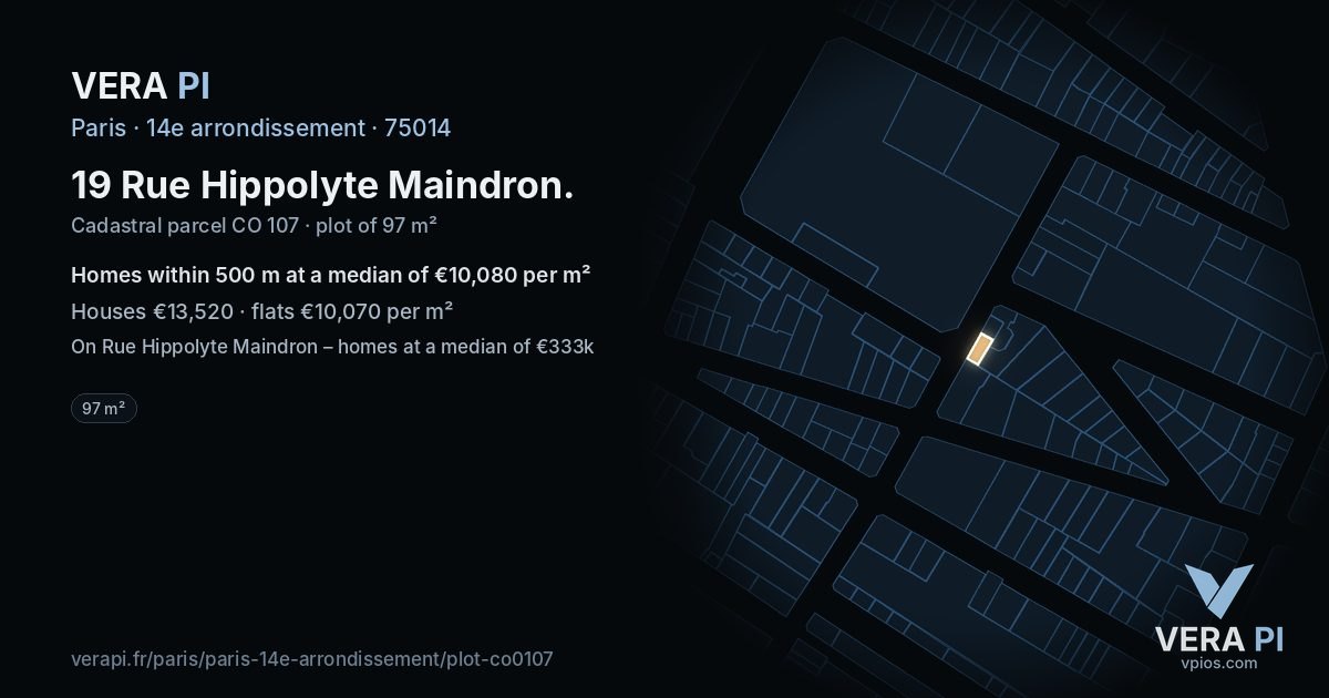 19 Rue Hippolyte Maindron, 14e arrondissement at night – the plot lit, the parcels around coloured by the prices near them
