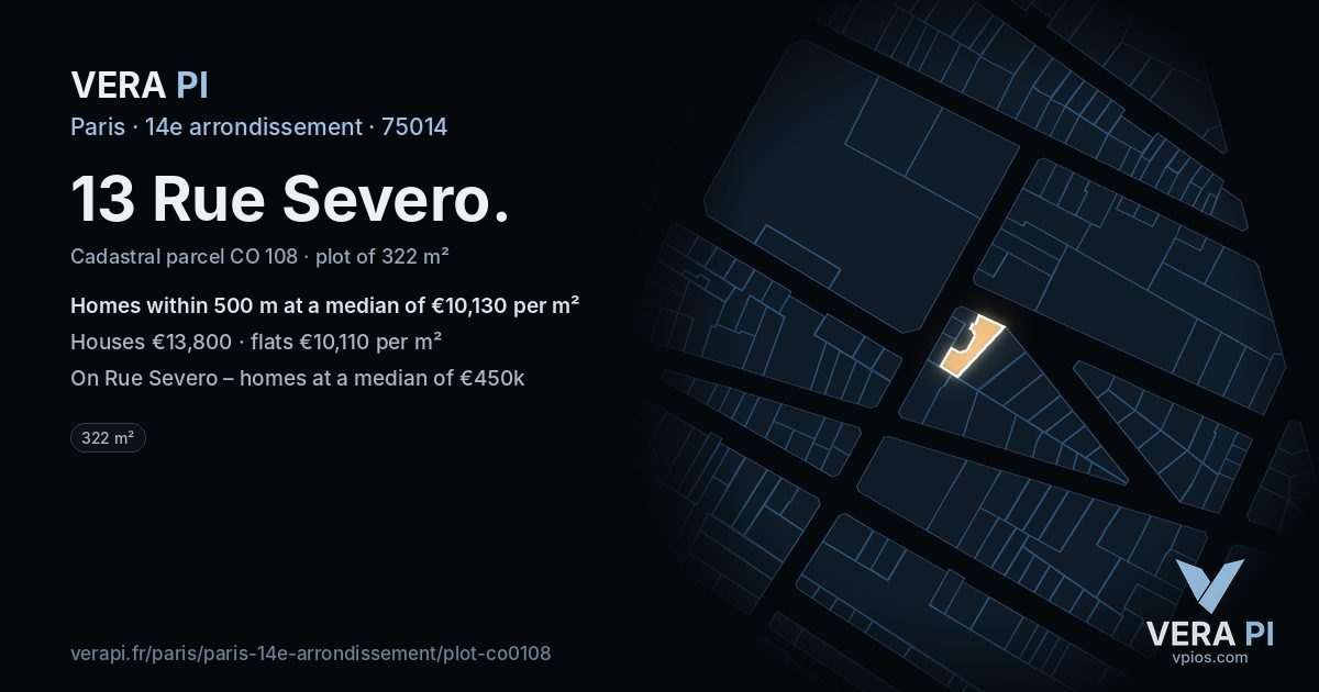 13 Rue Severo, 14e arrondissement at night – the plot lit, the parcels around coloured by the prices near them
