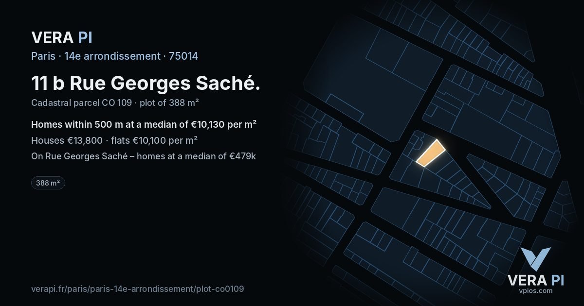 11 b Rue Georges Saché, 14e arrondissement at night – the plot lit, the parcels around coloured by the prices near them