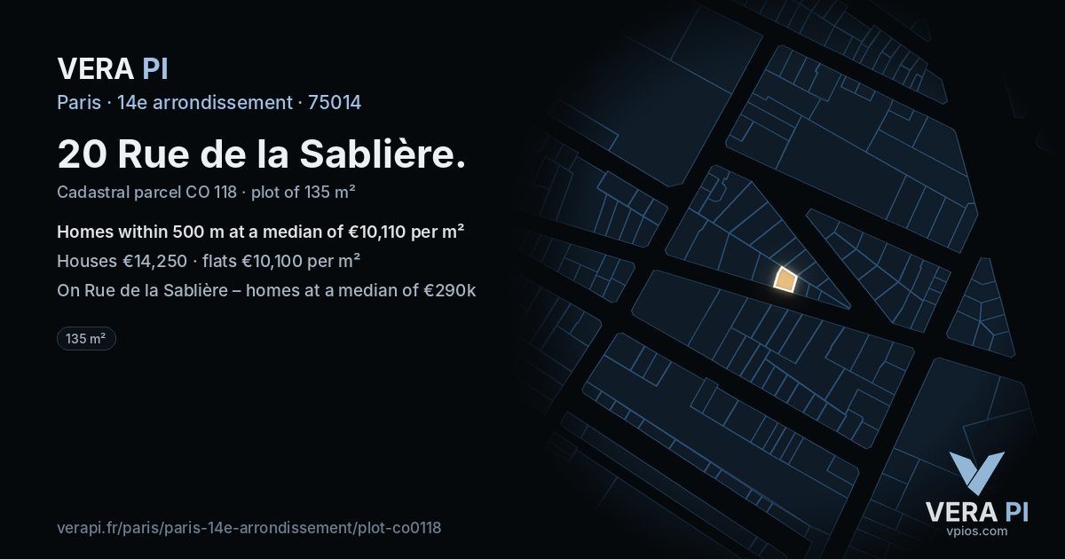 20 Rue de la Sablière, 14e arrondissement at night – the plot lit, the parcels around coloured by the prices near them