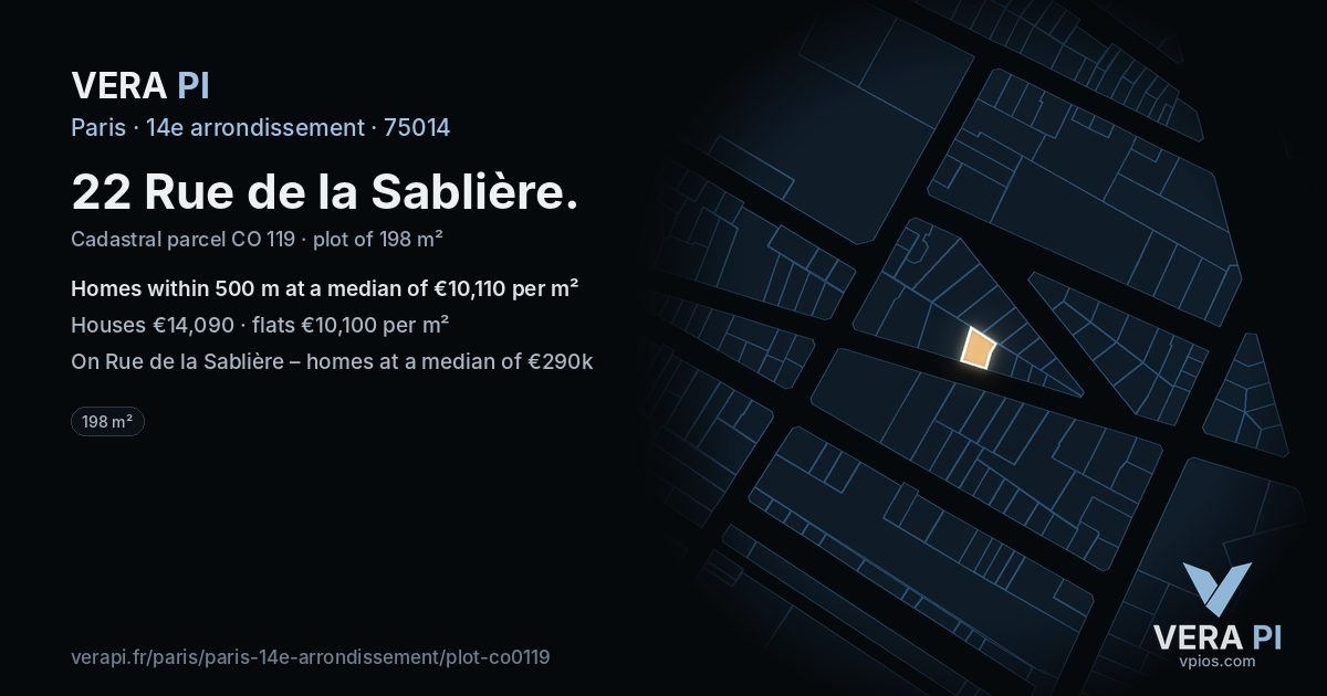 22 Rue de la Sablière, 14e arrondissement at night – the plot lit, the parcels around coloured by the prices near them