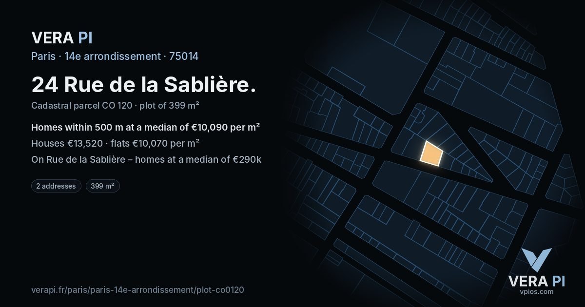 24 Rue de la Sablière, 14e arrondissement at night – the plot lit, the parcels around coloured by the prices near them