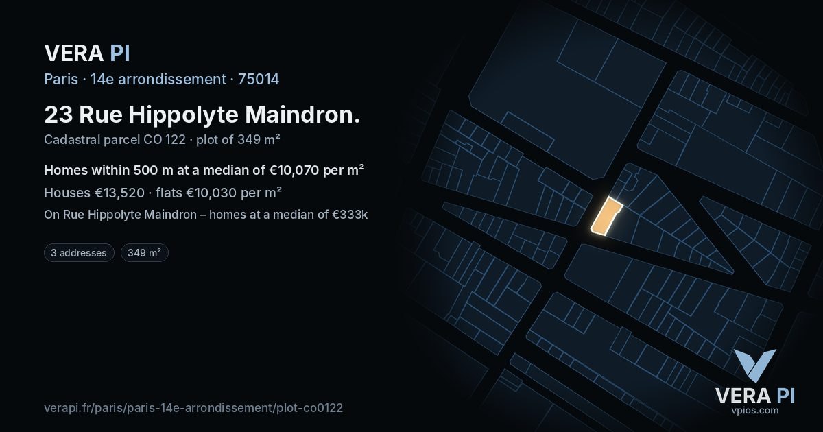 23 Rue Hippolyte Maindron, 14e arrondissement at night – the plot lit, the parcels around coloured by the prices near them