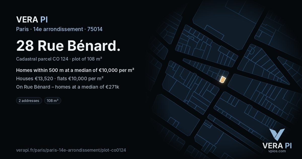 28 Rue Bénard, 14e arrondissement at night – the plot lit, the parcels around coloured by the prices near them