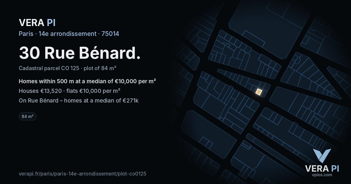 30 Rue Bénard, 14e arrondissement at night – the plot lit, the parcels around coloured by the prices near them