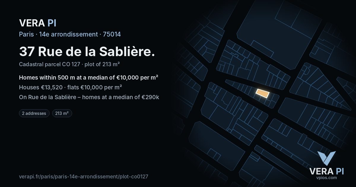 37 Rue de la Sablière, 14e arrondissement at night – the plot lit, the parcels around coloured by the prices near them