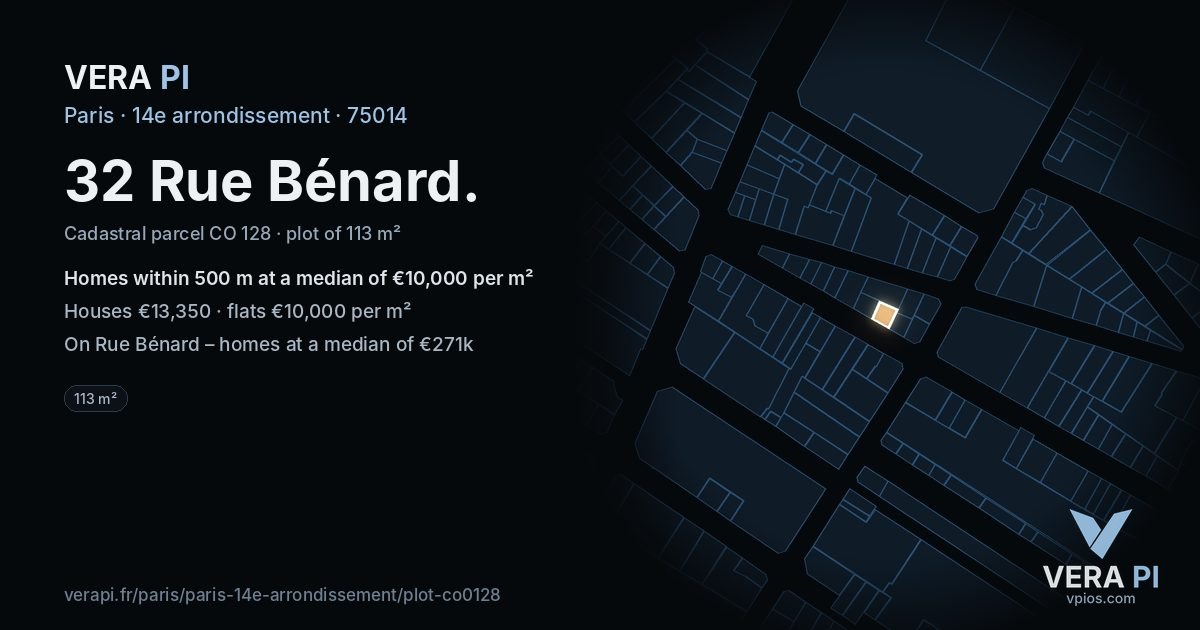 32 Rue Bénard, 14e arrondissement at night – the plot lit, the parcels around coloured by the prices near them