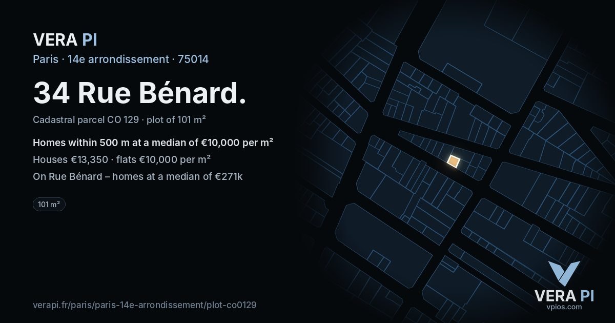 34 Rue Bénard, 14e arrondissement at night – the plot lit, the parcels around coloured by the prices near them