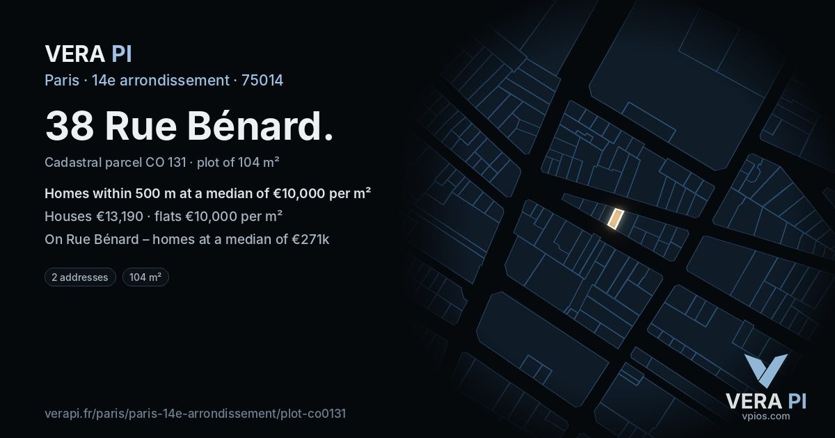 38 Rue Bénard, 14e arrondissement at night – the plot lit, the parcels around coloured by the prices near them