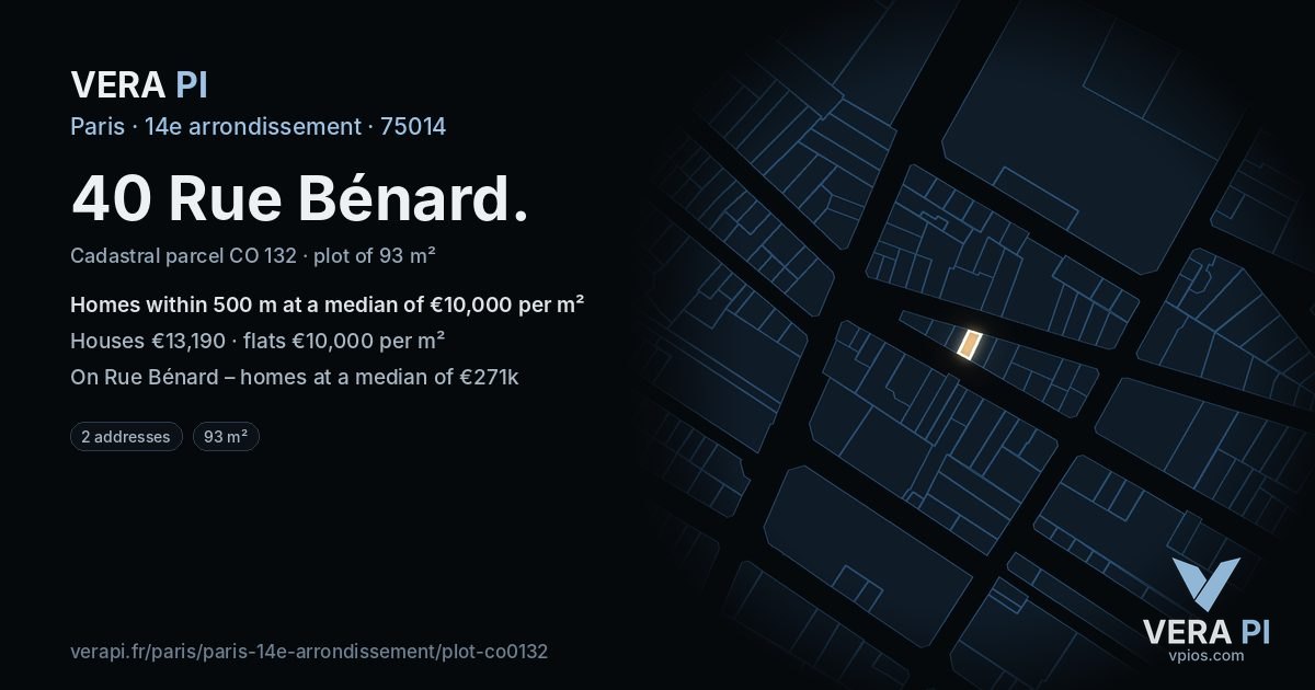 40 Rue Bénard, 14e arrondissement at night – the plot lit, the parcels around coloured by the prices near them