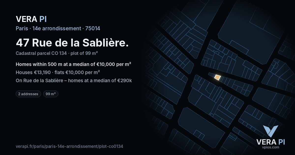 47 Rue de la Sablière, 14e arrondissement at night – the plot lit, the parcels around coloured by the prices near them