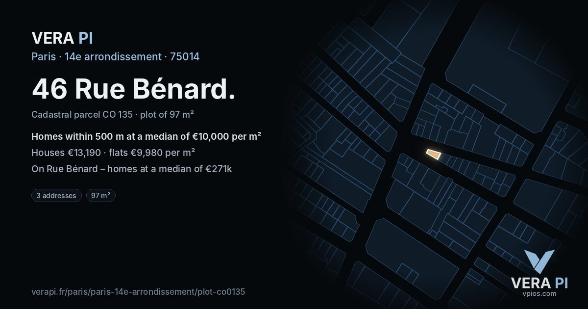 46 Rue Bénard, 14e arrondissement at night – the plot lit, the parcels around coloured by the prices near them