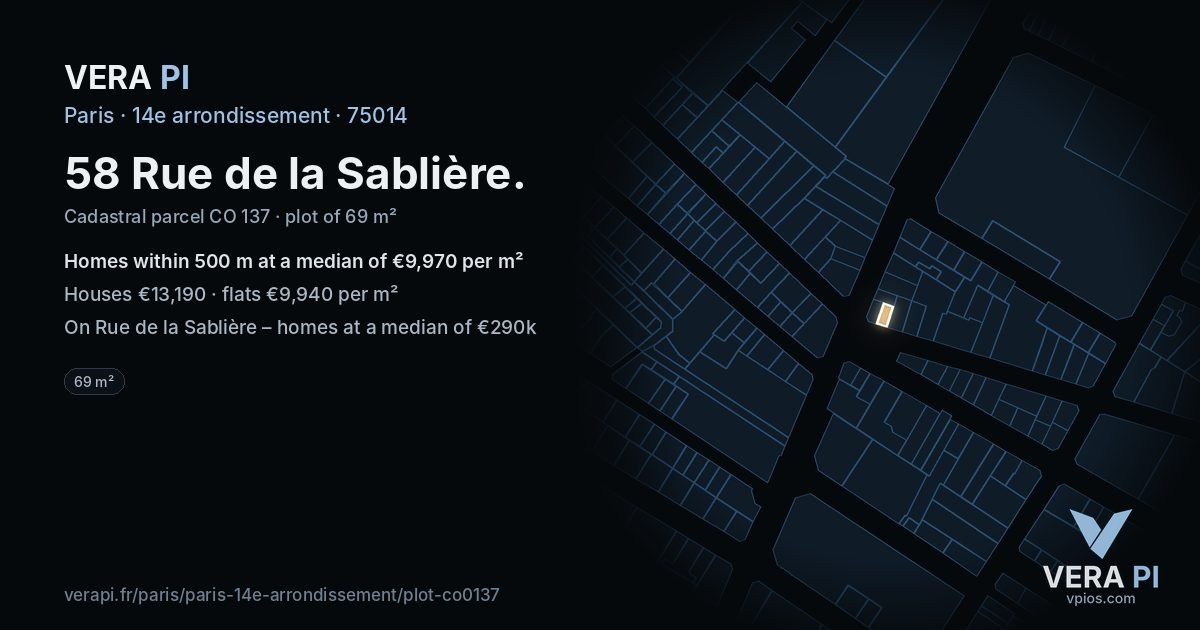 58 Rue de la Sablière, 14e arrondissement at night – the plot lit, the parcels around coloured by the prices near them