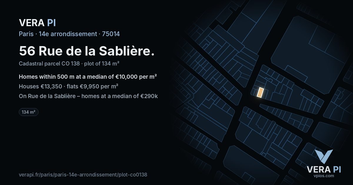 56 Rue de la Sablière, 14e arrondissement at night – the plot lit, the parcels around coloured by the prices near them