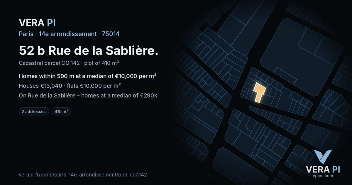 52 b Rue de la Sablière, 14e arrondissement at night – the plot lit, the parcels around coloured by the prices near them