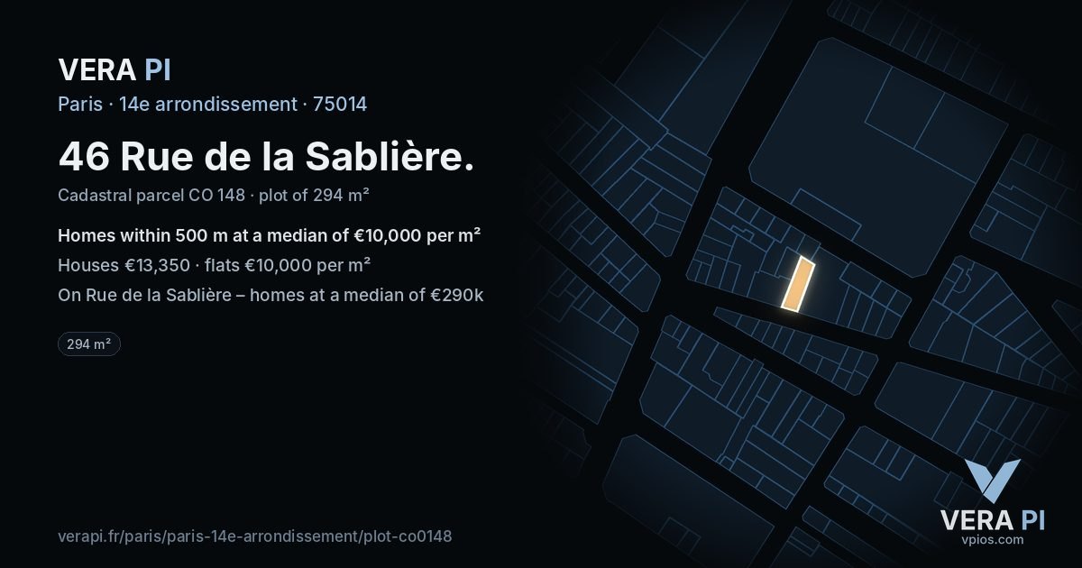46 Rue de la Sablière, 14e arrondissement at night – the plot lit, the parcels around coloured by the prices near them